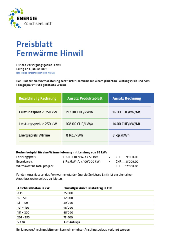 Preisblatt Fernwärme Hinwil