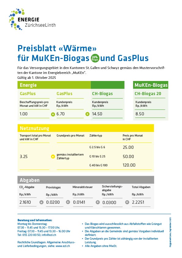 Preisliste 2025 Wärme fuer MuKEn Biogas und GasPlus